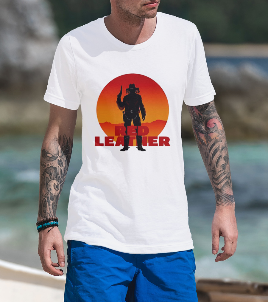 Red Leather Cowboy Sunset Silhouette With Gun And Hat In Desert T-Shirt