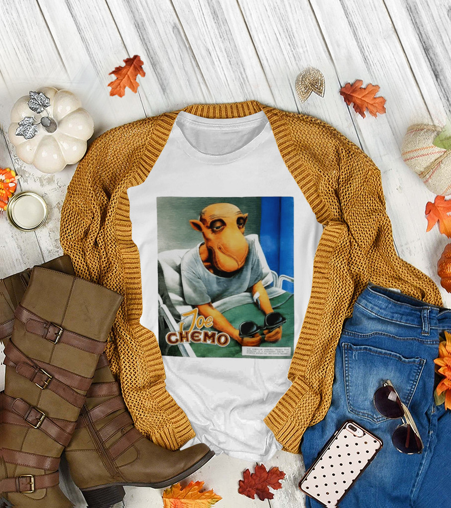 Joe Chemo Hospital Gown Character in Bed Holding Sunglasses T-Shirt