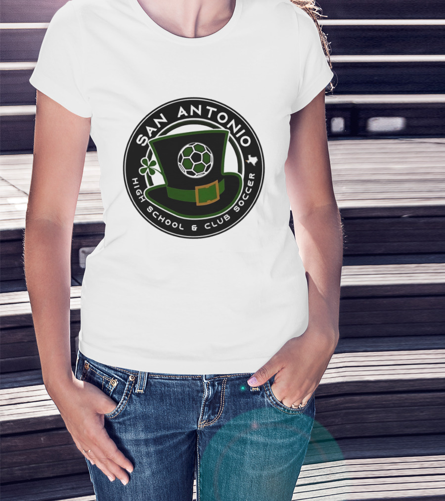 San Antonio High School Club Soccer Leprechaun Hat Soccer Ball And Shamrock T-Shirt