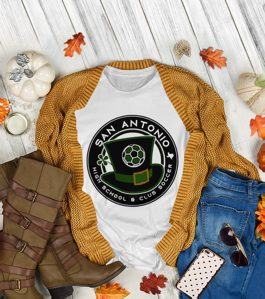 San Antonio High School Club Soccer Leprechaun Hat Soccer Ball and Shamrock T-Shirt