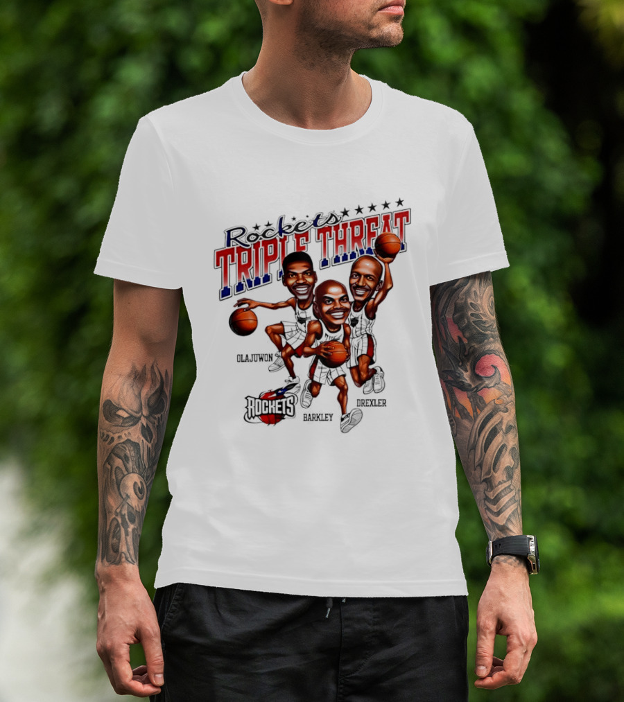 Hakeem Olajuwon Charles Barkley Clyde Drexler Rockets Triple Threat NBA Legends T-Shirt