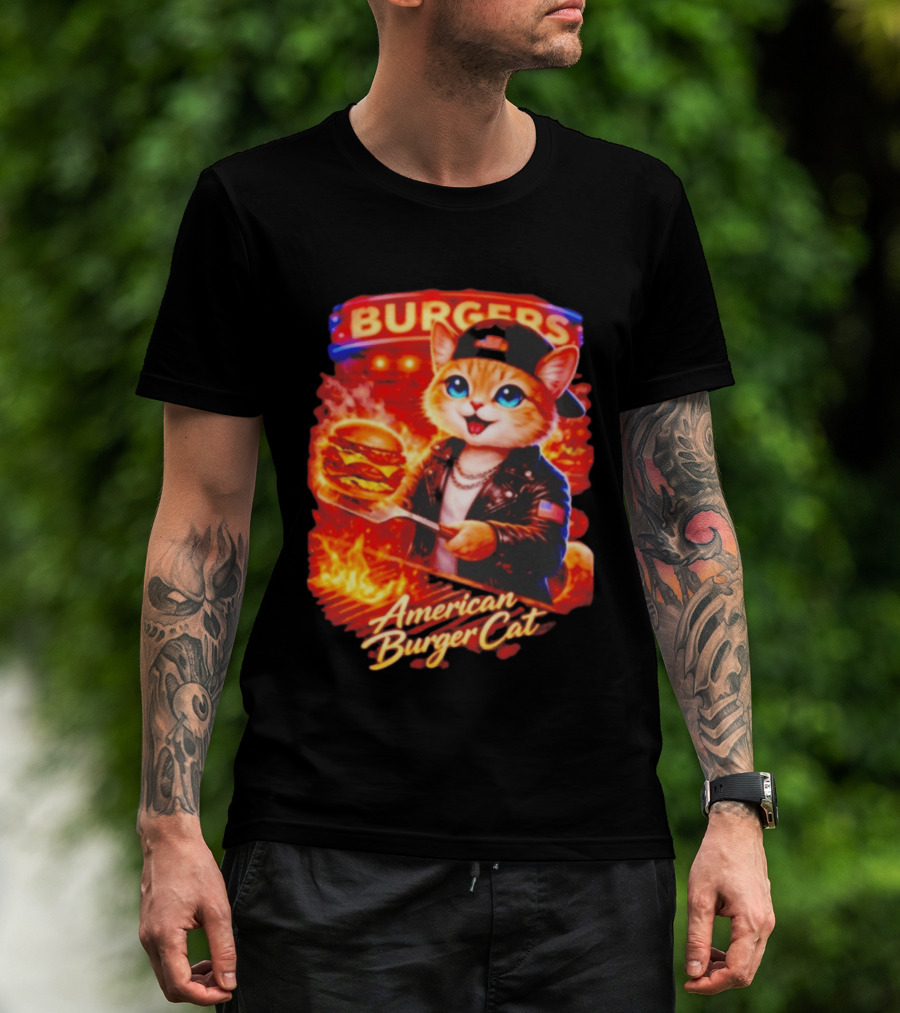 Burgers Flame Grilling American Burger Cat Fun T-Shirt