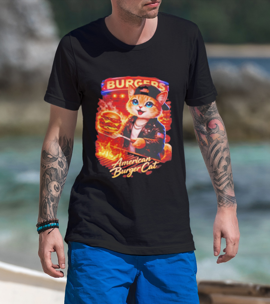 Burgers Flame Grilling American Burger Cat Fun T-Shirt