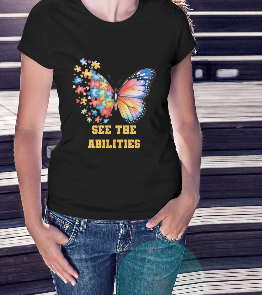 Butterfly Puzzle Pieces Autism Awareness See The Abilities T-Shirt