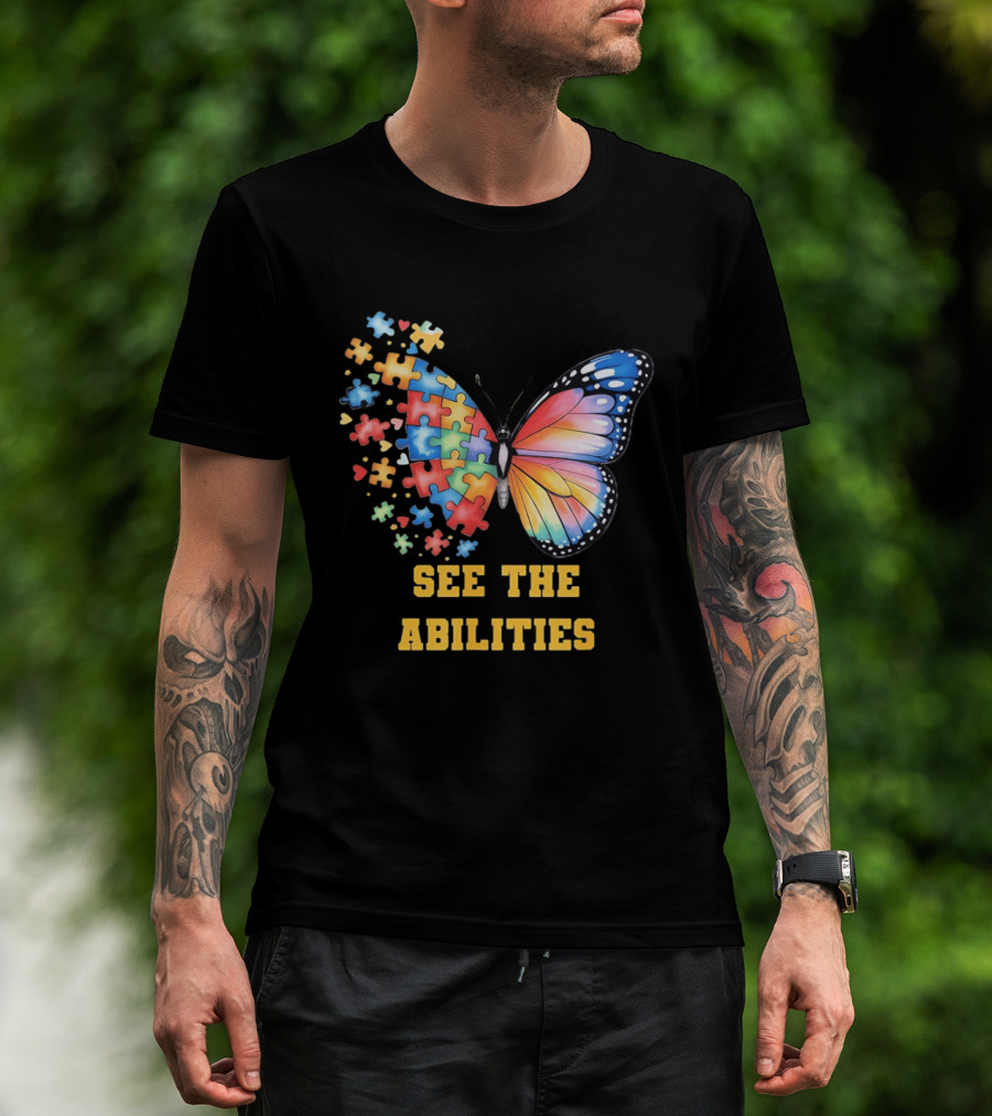 Butterfly Puzzle Pieces Autism Awareness See The Abilities T-Shirt