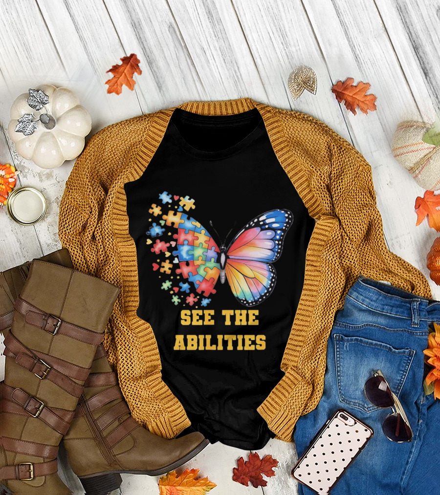 Butterfly Puzzle Pieces Autism Awareness See the Abilities T-Shirt