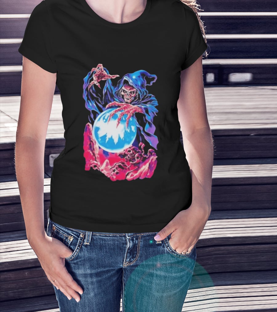 Grim Reaper Crystal Ball Skull Mystical Skeleton Hooded Cloak T-Shirt