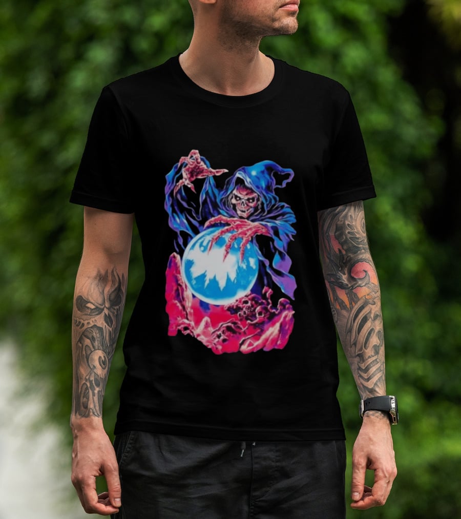 Grim Reaper Crystal Ball Skull Mystical Skeleton Hooded Cloak T-Shirt