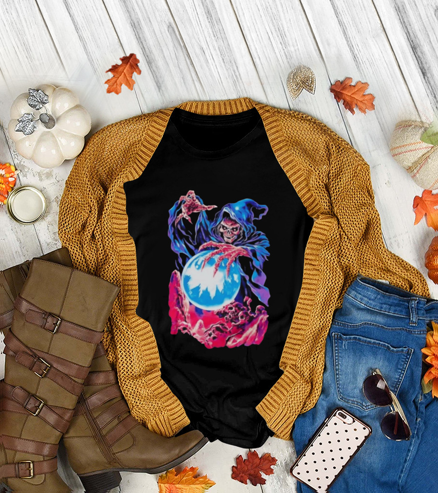 Grim Reaper Crystal Ball Skull Mystical Skeleton Hooded Cloak T-Shirt