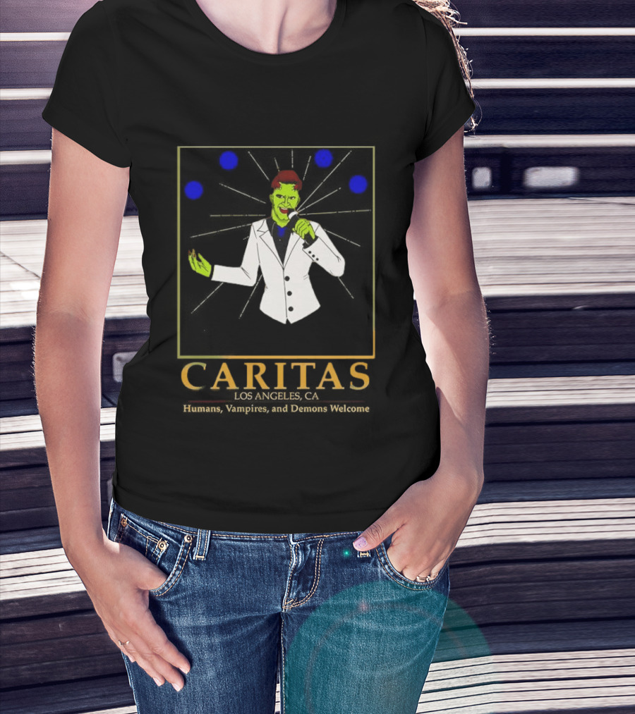 Caritas Los Angeles CA Humans Vampires Demons Welcome Singer In White Suit T-Shirt