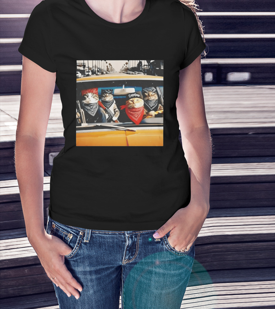 Gangster Cats In Lowrider Car With Bandanas And Guns T-Shirt