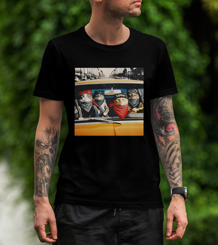 Gangster Cats In Lowrider Car With Bandanas And Guns T-Shirt