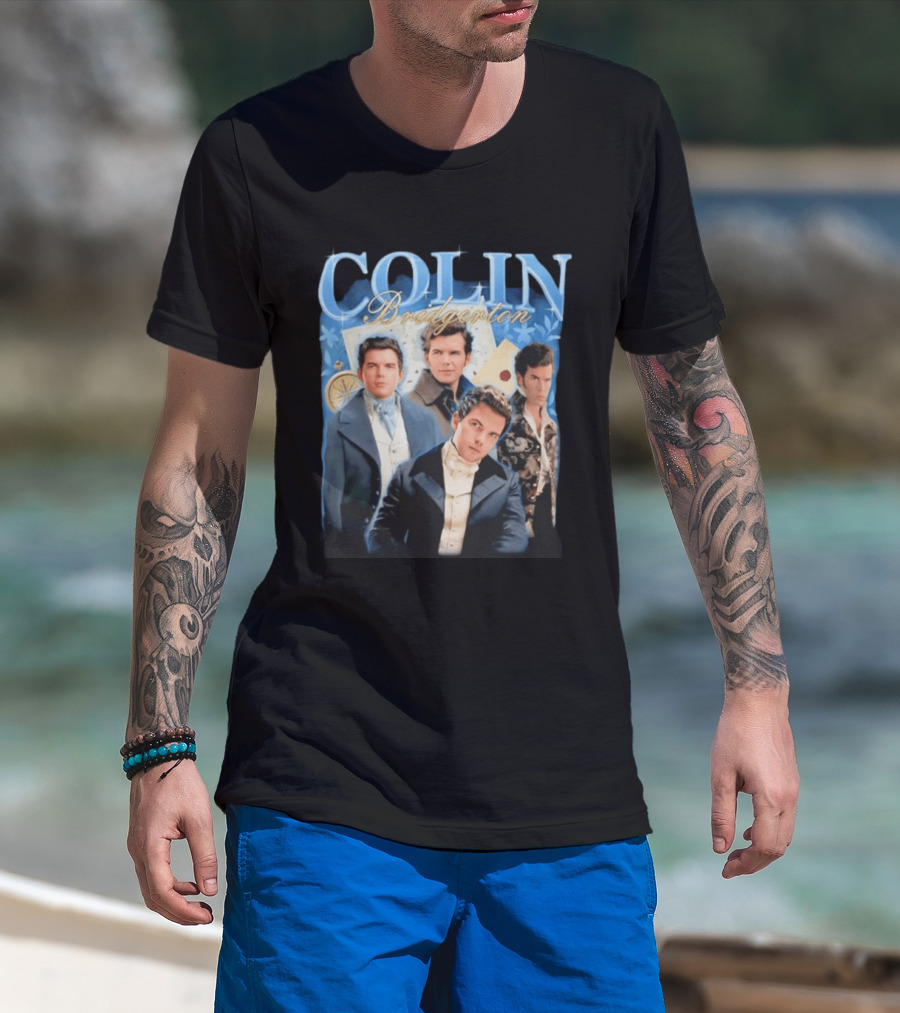 Colin Bridgerton Regency Style Fashion Characters On Blue T-Shirt