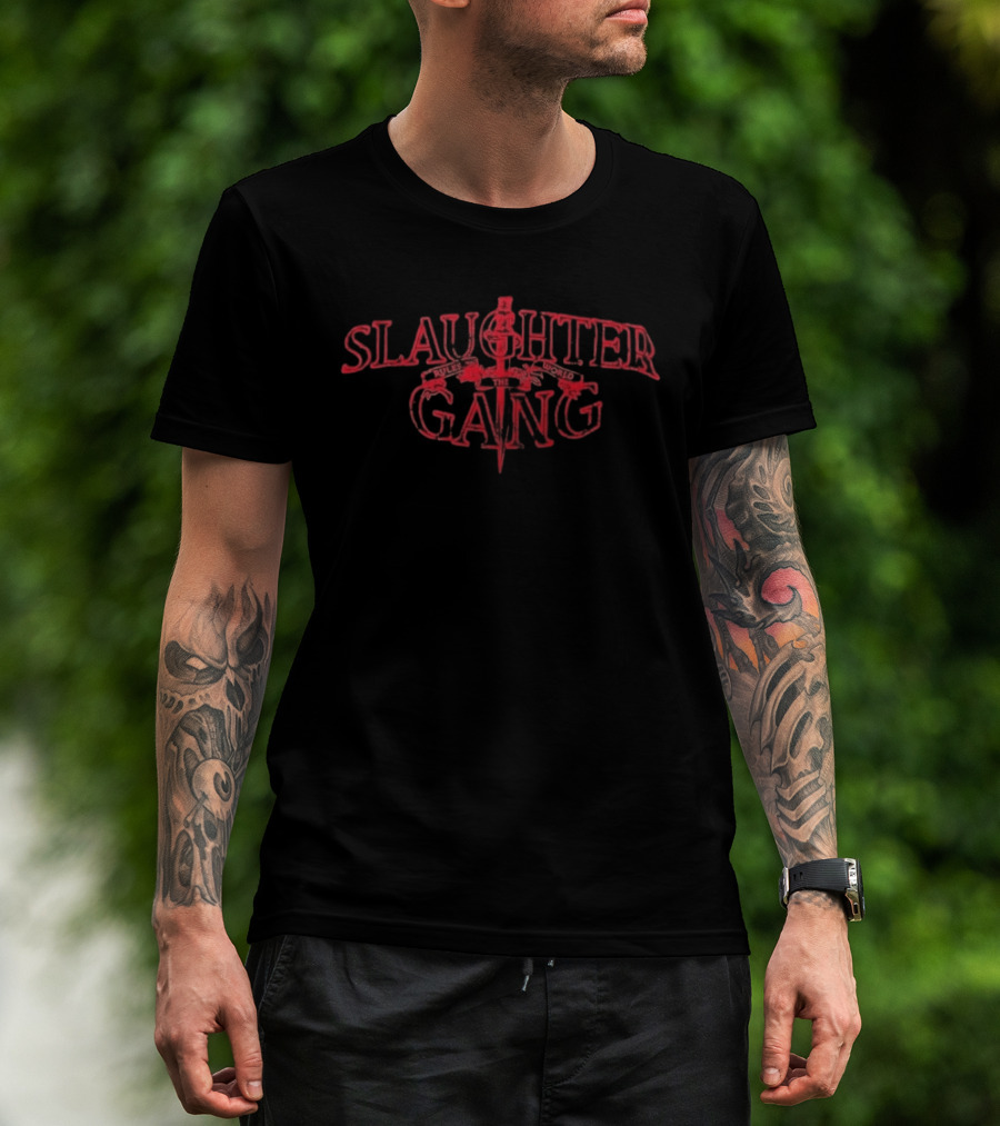 Slaughter Gang Red Text With Crossed Rifles T-Shirt