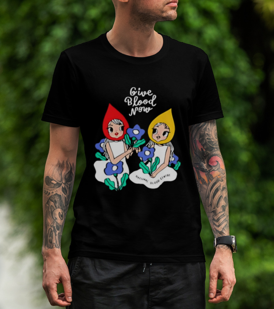 Give Blood Now National Blood Centre Cartoon Girls With Flowers T-Shirt