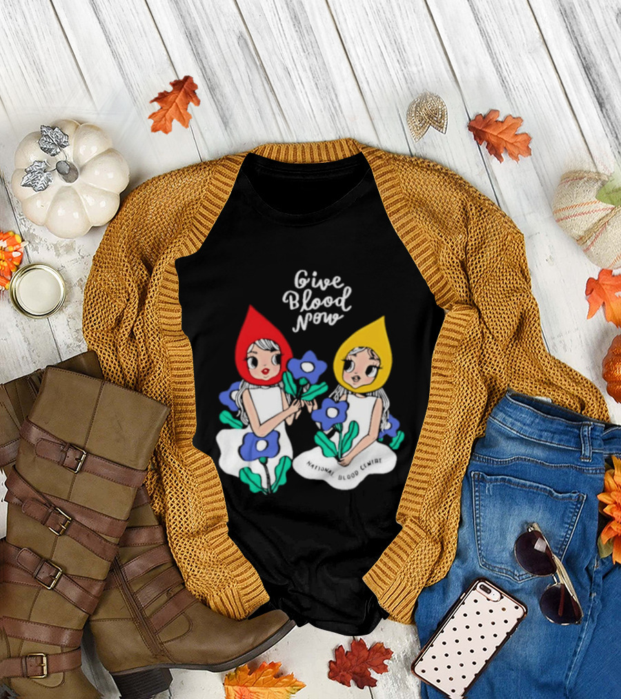 Give Blood Now National Blood Centre Cartoon Girls with Flowers T-Shirt