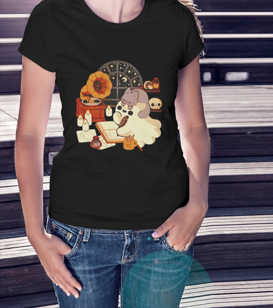 Ghost Cat Listening To Phonograph Under Night Sky While Writing T-Shirt