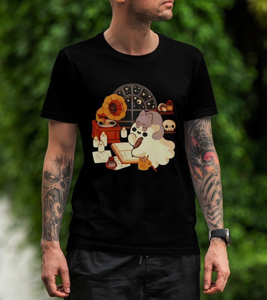 Ghost Cat Listening To Phonograph Under Night Sky While Writing T-Shirt