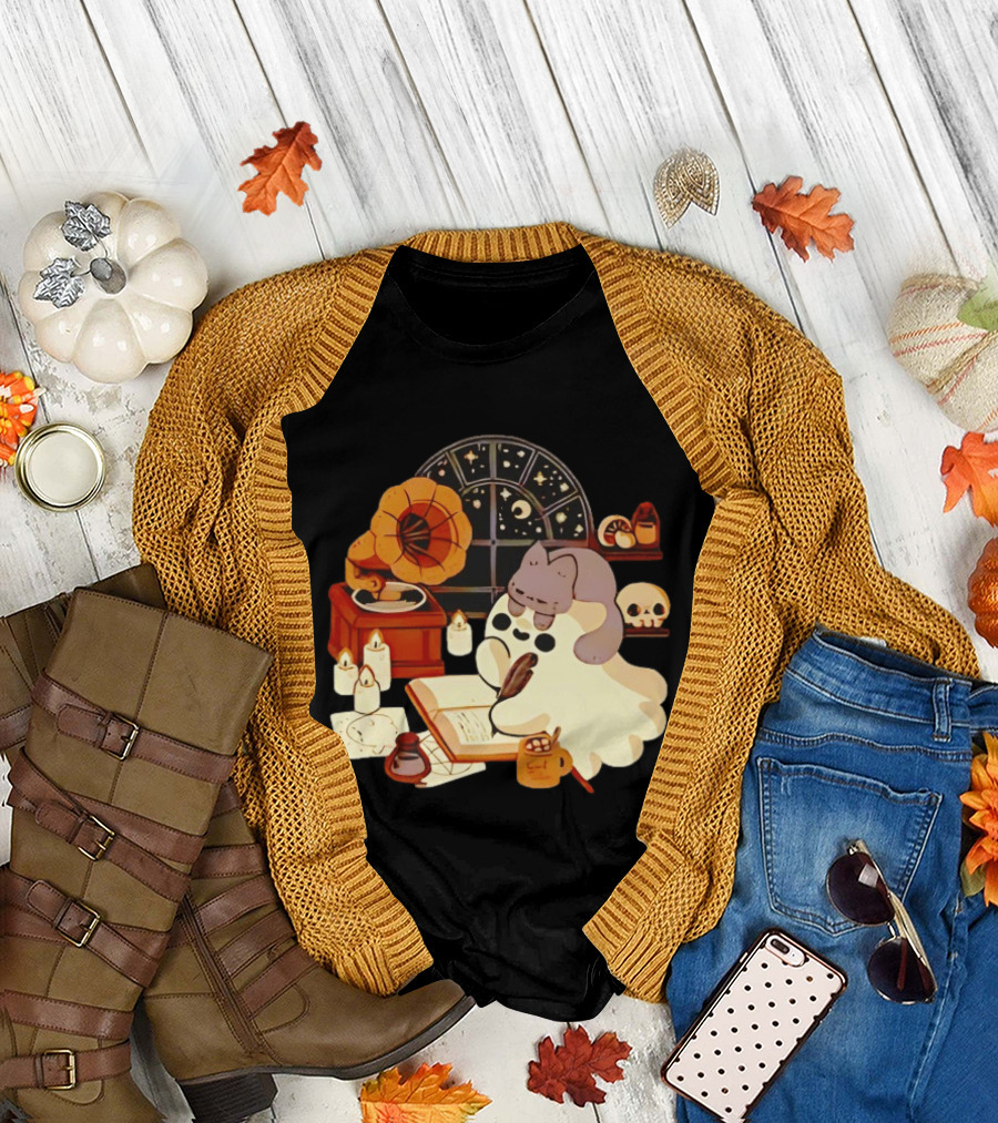 Ghost Cat Listening to Phonograph Under Night Sky While Writing T-Shirt