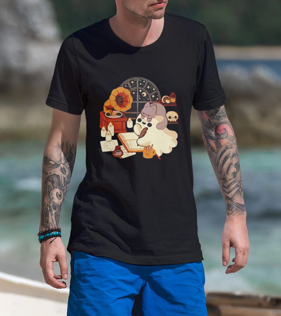 Ghost Cat Listening To Phonograph Under Night Sky While Writing T-Shirt