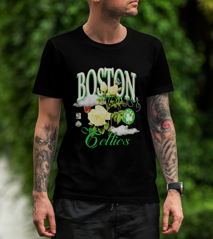 Boston Celtics Floral Roses With Butterfly And Shamrock T-Shirt