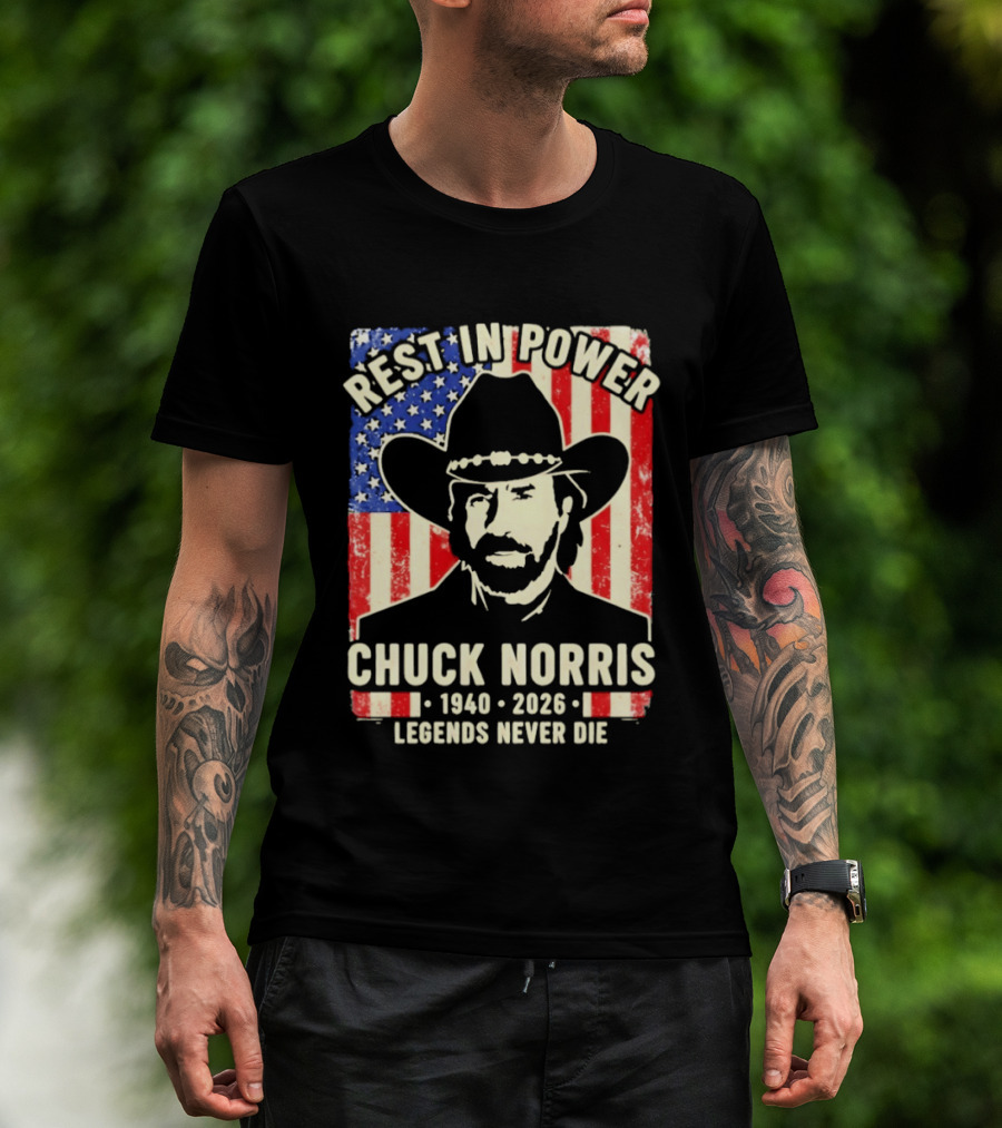 Rest In Power Chuck Norris Legends Never Die 1940 2026 Patriotic Western Cowboy T-Shirt