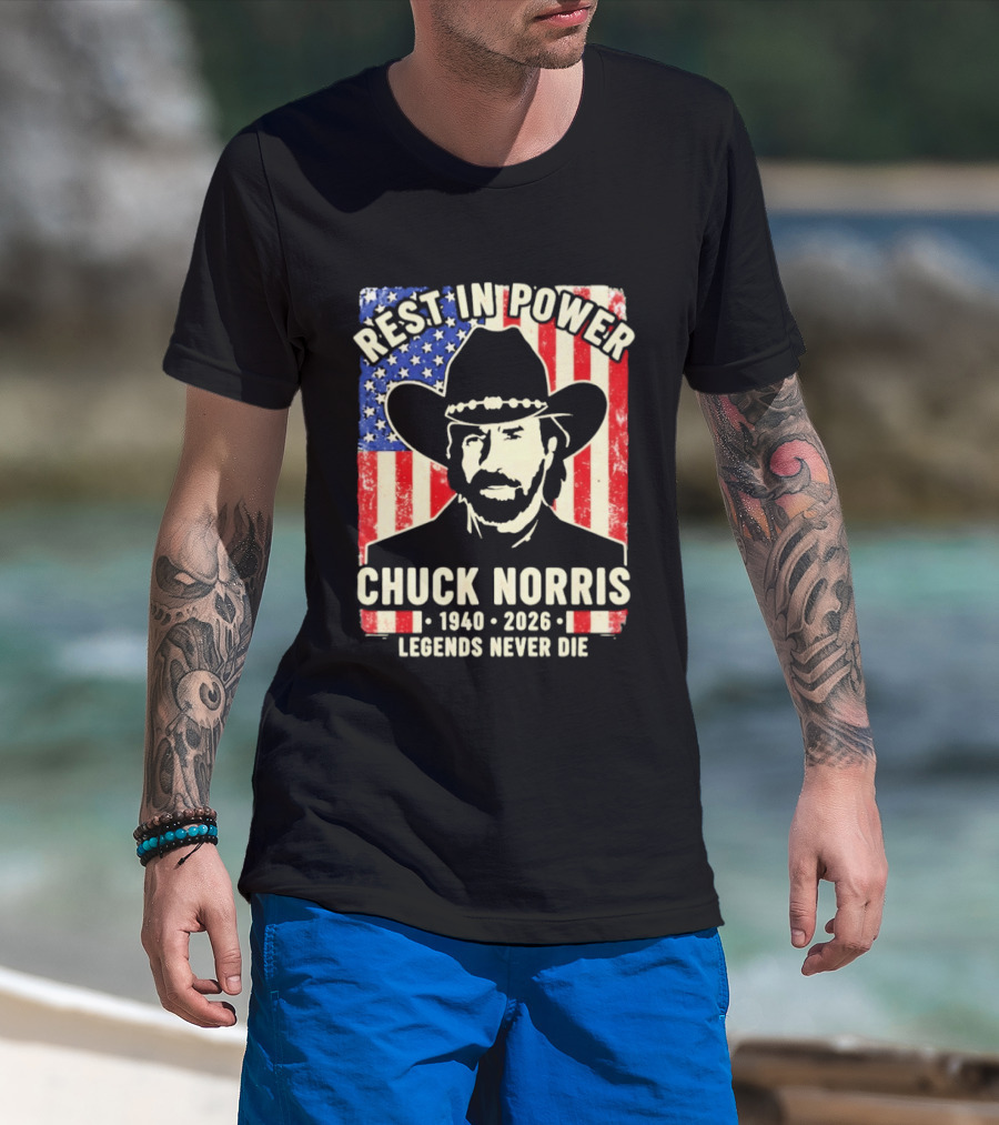 Rest In Power Chuck Norris Legends Never Die 1940 2026 Patriotic Western Cowboy T-Shirt