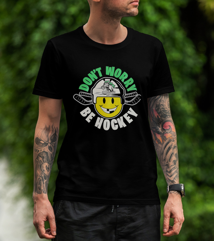 Don't Worry Be Hockey Cedar Rapids RoughRiders Smiley Face Helmet Rugged Fun T-Shirt