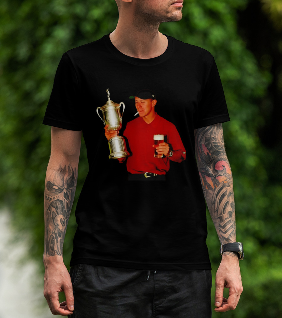 Tiger Woods Holding US Open Trophy With Cigarette And Drink In Hand T-Shirt