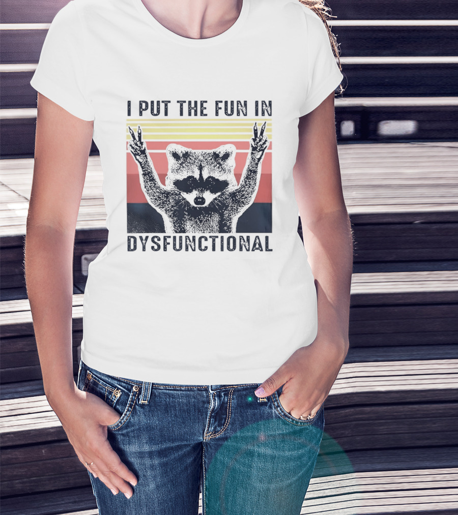 Raccoon Peace Gesture Fun In Dysfunctional Retro Sunset T-Shirt