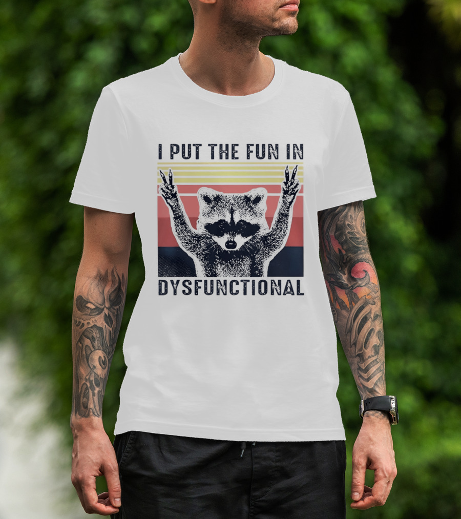 Raccoon Peace Gesture Fun In Dysfunctional Retro Sunset T-Shirt
