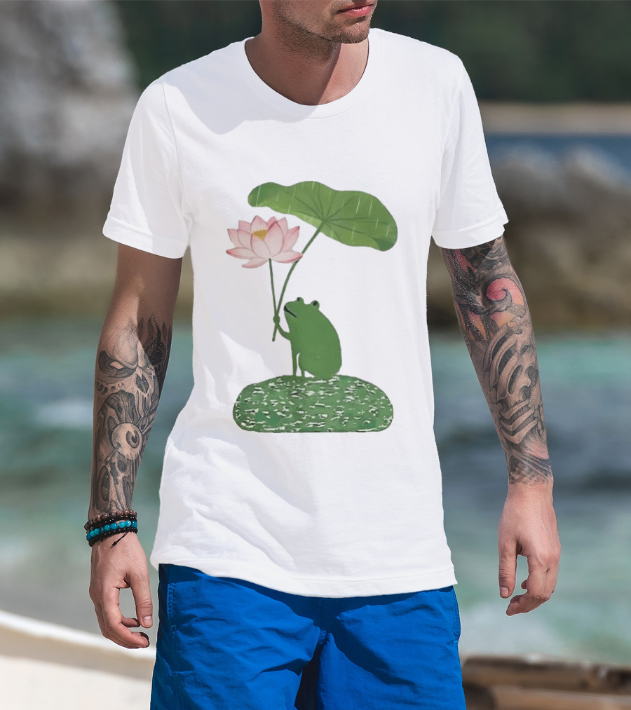 Frog With Lotus Umbrella Under The Rain Meme Cute Nature Scene T-Shirt