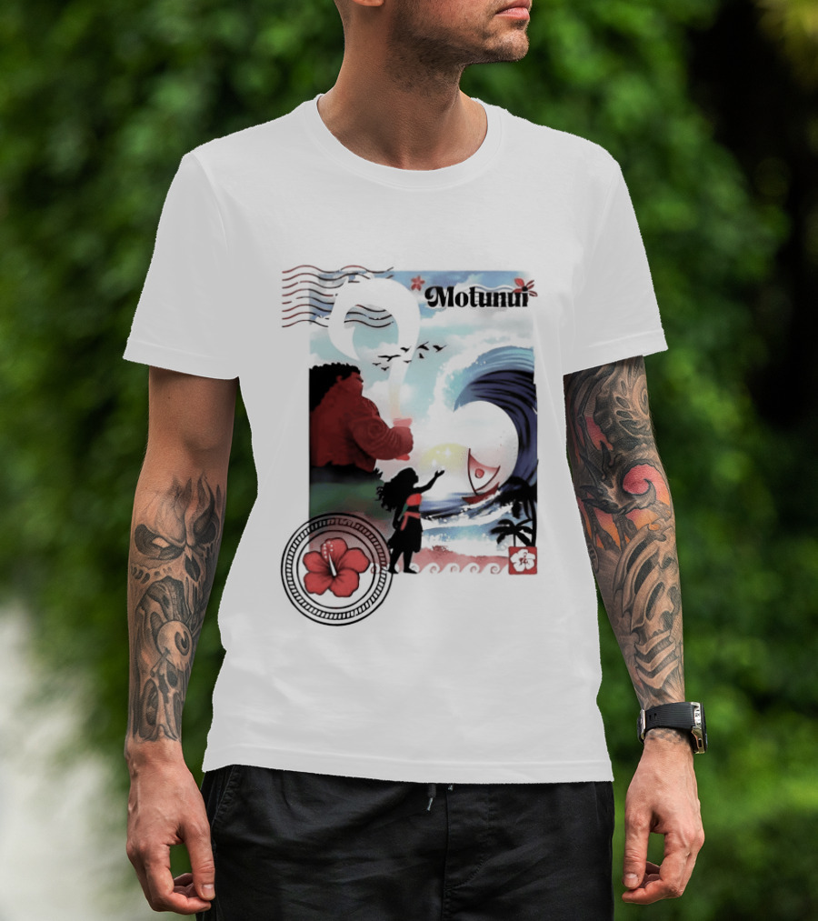 Motunui Postage Stamp Ocean Wave Hibiscus Blossom T-Shirt