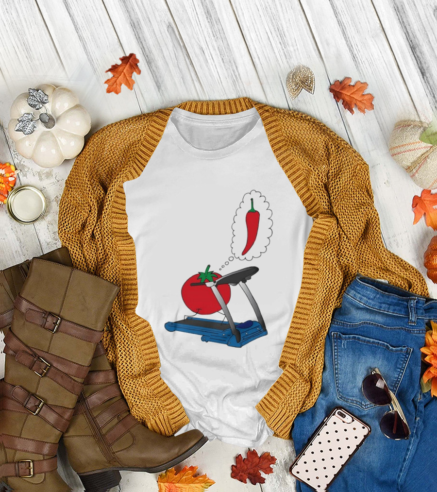 Tomato Dreaming of Chili on Treadmill Funny Food Meme T-Shirt