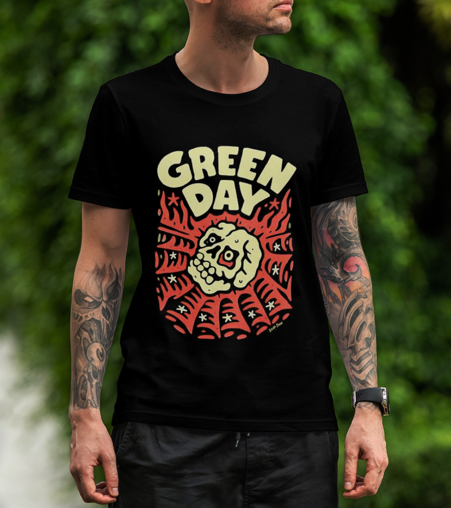 Green Day Skull Spider Red And Cream T-Shirt