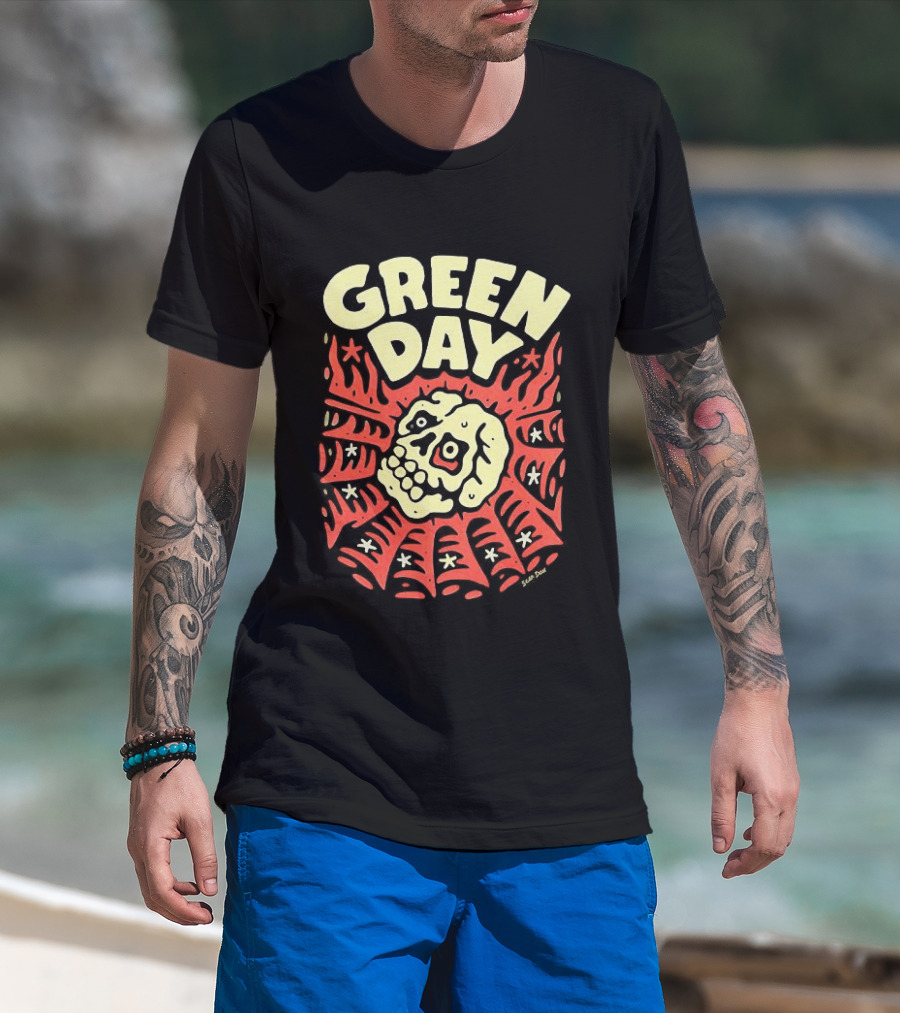 Green Day Skull Spider Red And Cream T-Shirt