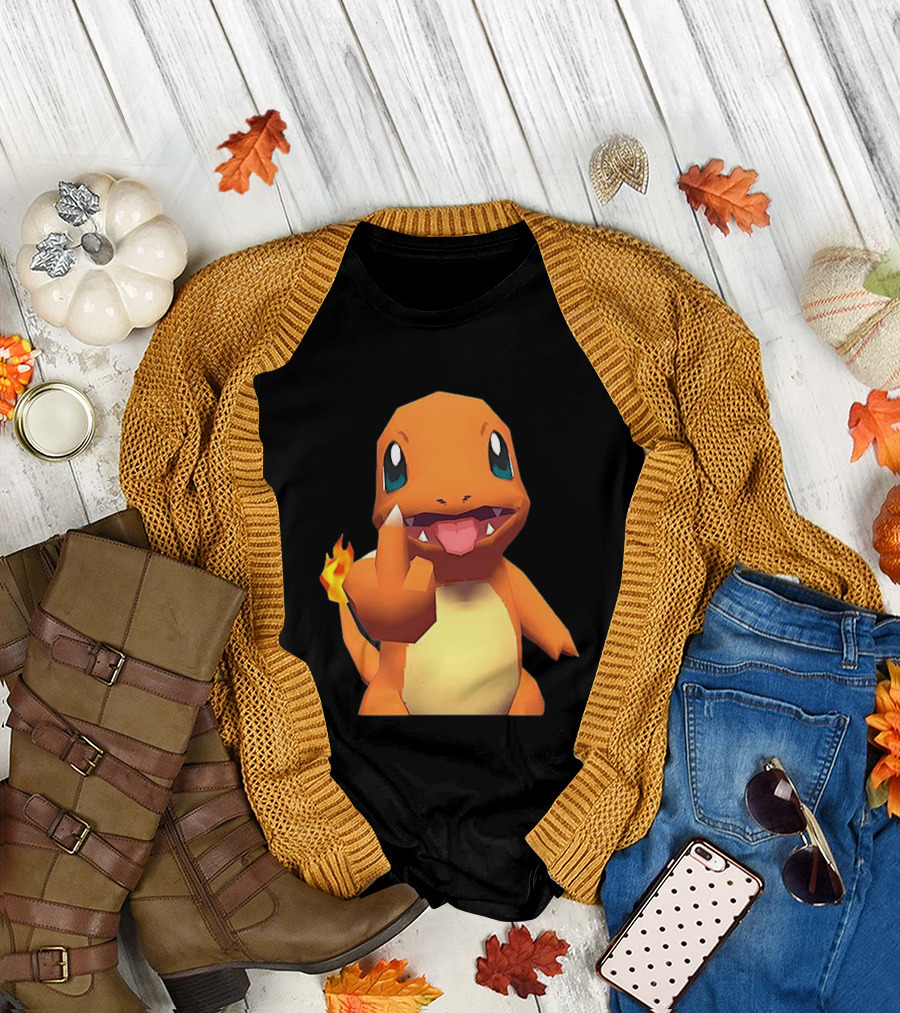 Charmander Pokémon Middle Finger Gesture with Flame Tail T-Shirt