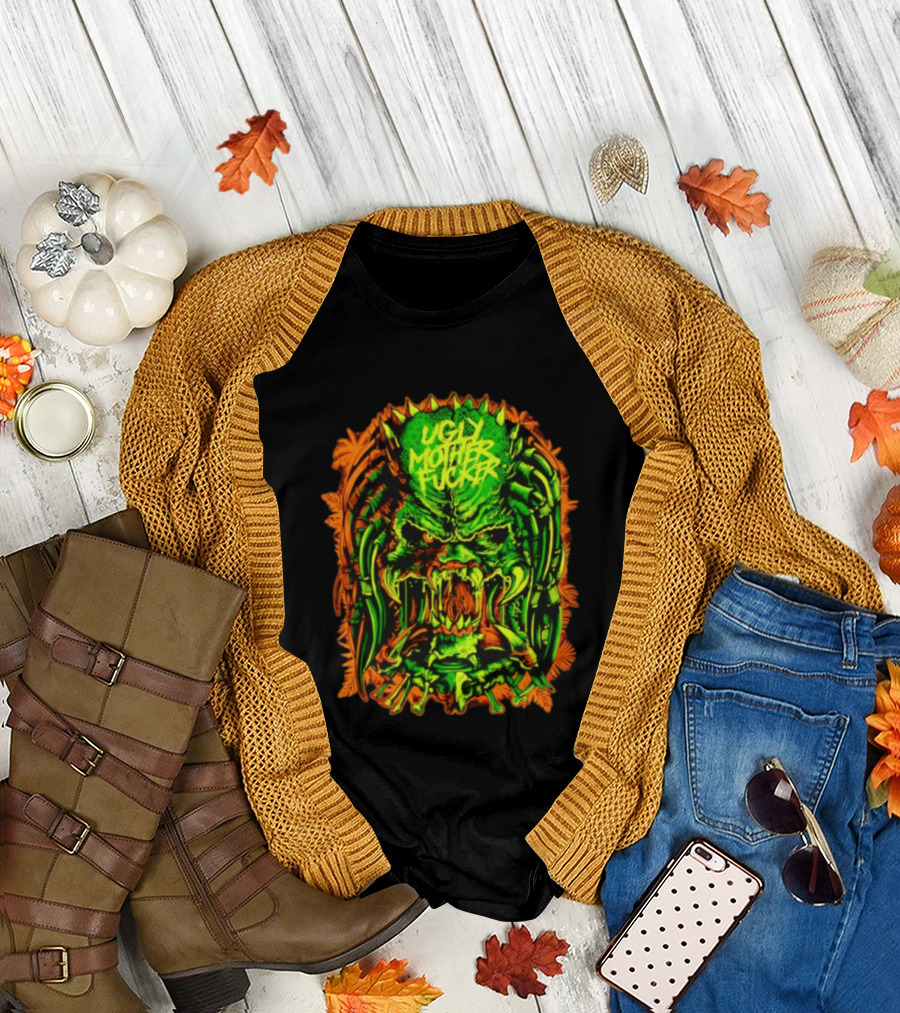 Predator Ugly Mother Fucker Alien Mask Neon Green and Orange T-Shirt