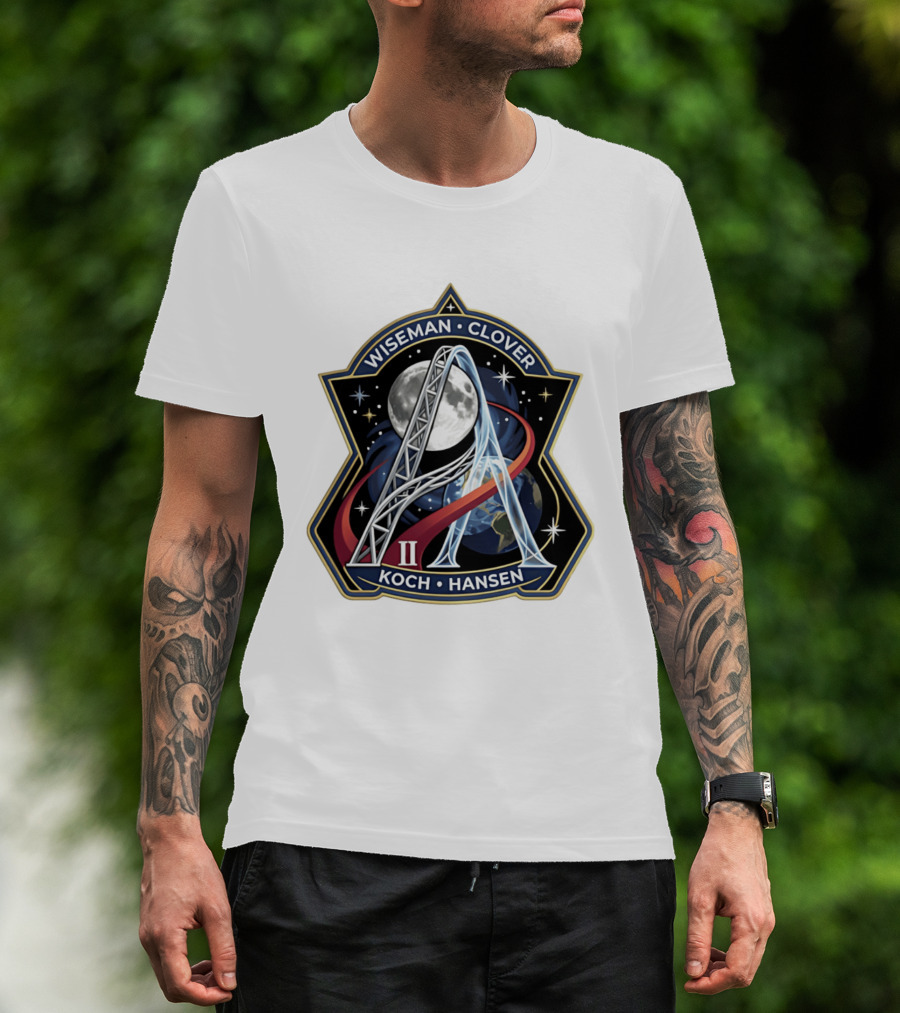 Wiseman Clover Koch Hansen Artemis II Mission Patch With Moon And Earth Galaxy T-Shirt