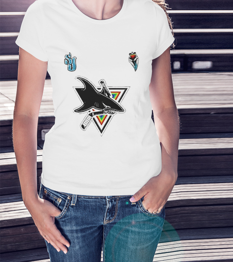 San Jose Sharks Pride Night 2026 Team Logo With Rainbow Accents T-Shirt