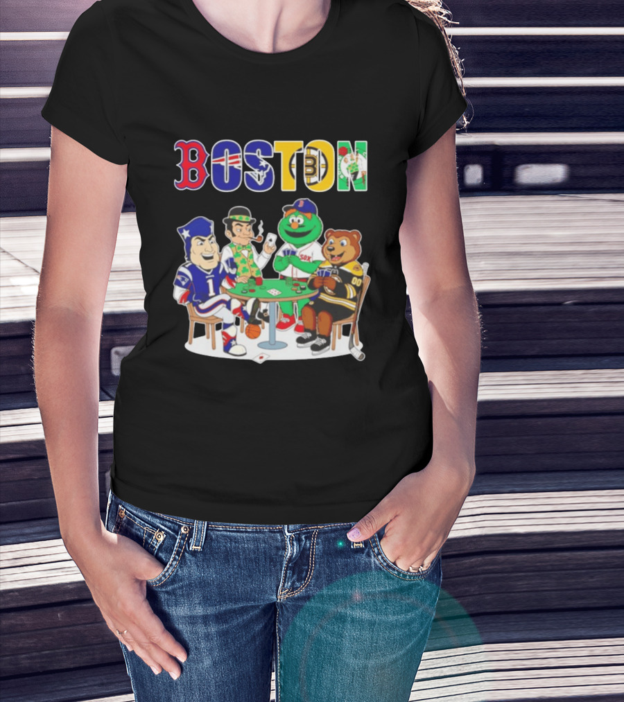 Boston Teams Playing Cards Patriots Red Sox Celtics Bruins Logos T-Shirt