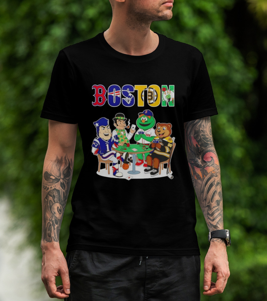 Boston Teams Playing Cards Patriots Red Sox Celtics Bruins Logos T-Shirt