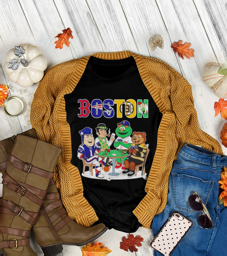 Boston Teams Playing Cards Patriots Red Sox Celtics Bruins Logos T-Shirt