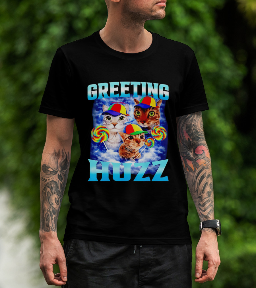 Greeting Huzz Cat Meme With Lollipops And Colorful Hats T-Shirt