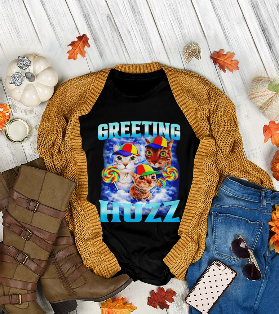 Greeting Huzz Cat Meme with Lollipops and Colorful Hats T-Shirt