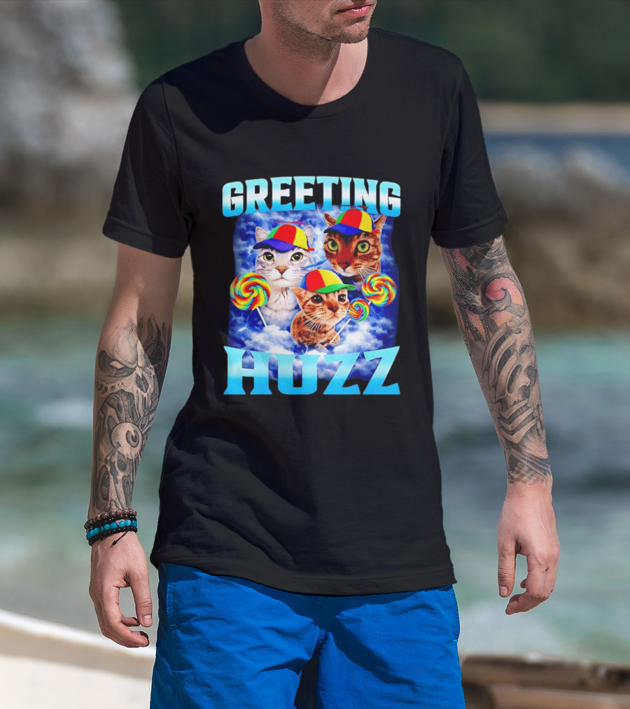 Greeting Huzz Cat Meme With Lollipops And Colorful Hats T-Shirt