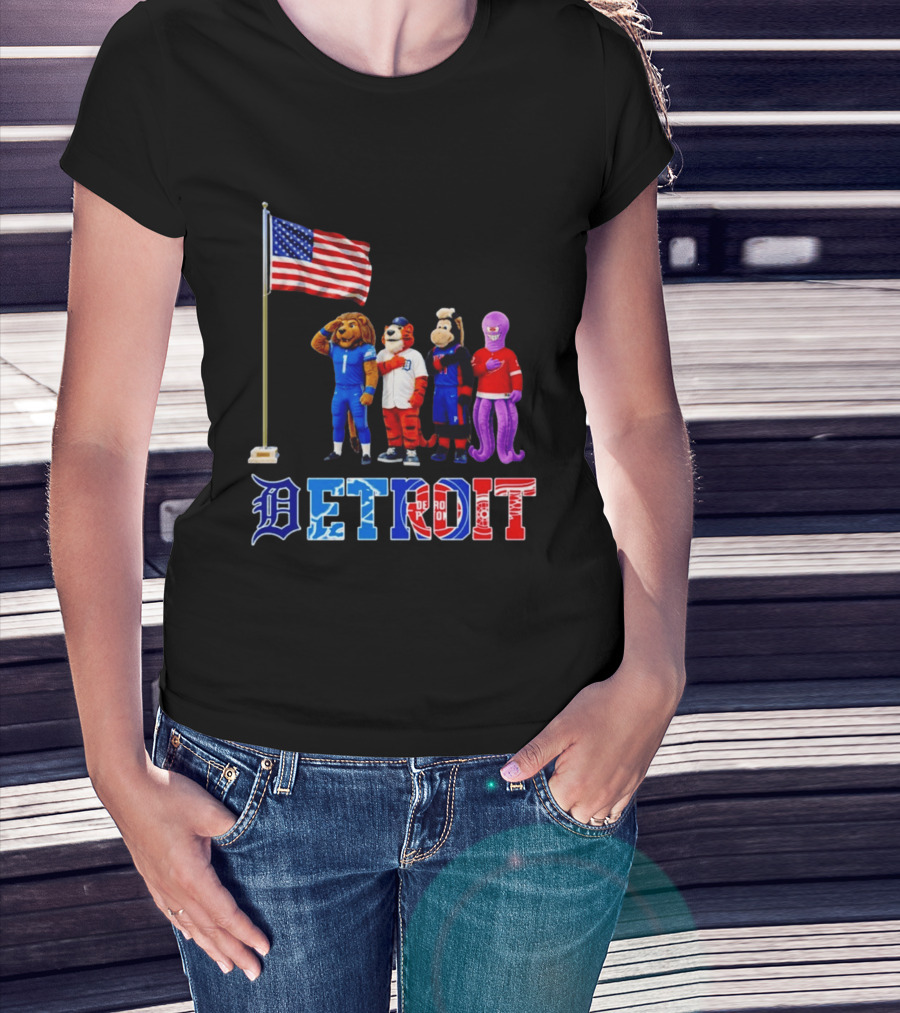 Detroit Mascots Salute American Flag T-Shirt