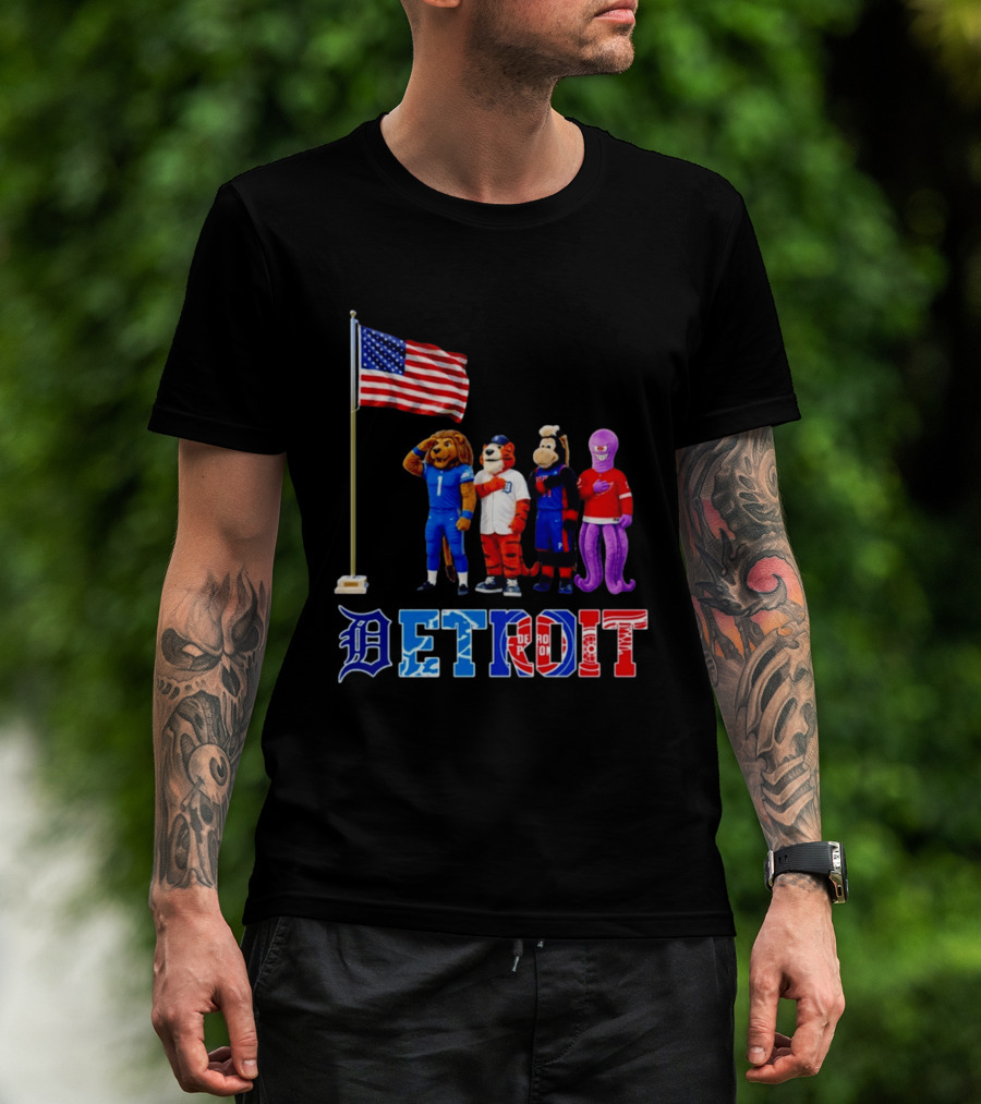 Detroit Mascots Salute American Flag T-Shirt