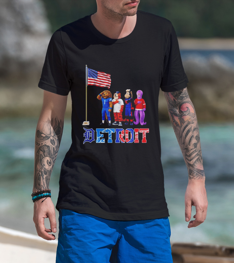 Detroit Mascots Salute American Flag T-Shirt