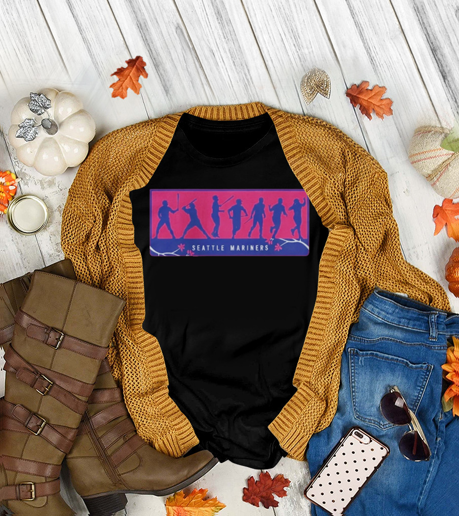 Seattle Mariners Anime Day Silhouettes Baseball Players Sakura Blossoms T-Shirt